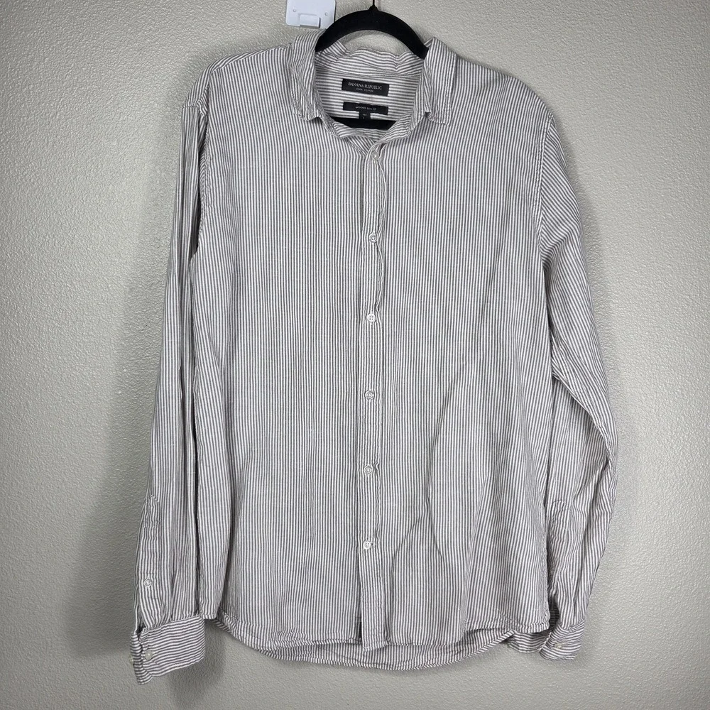 Banana Republic Linen Cotton Shirt Mens Large Tall Brown White Stripe Button...